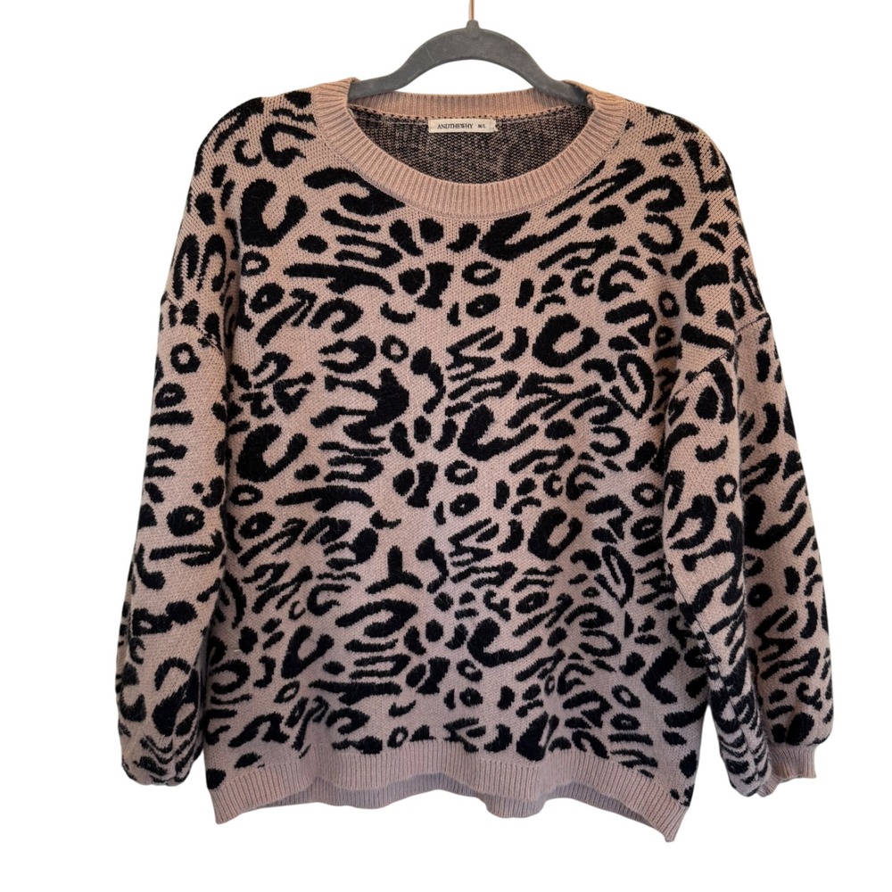 ANDTHEWHY Leopard Print Crew Neck Sweater‎ Long Sleeve Cozy Knit Top Women M/L